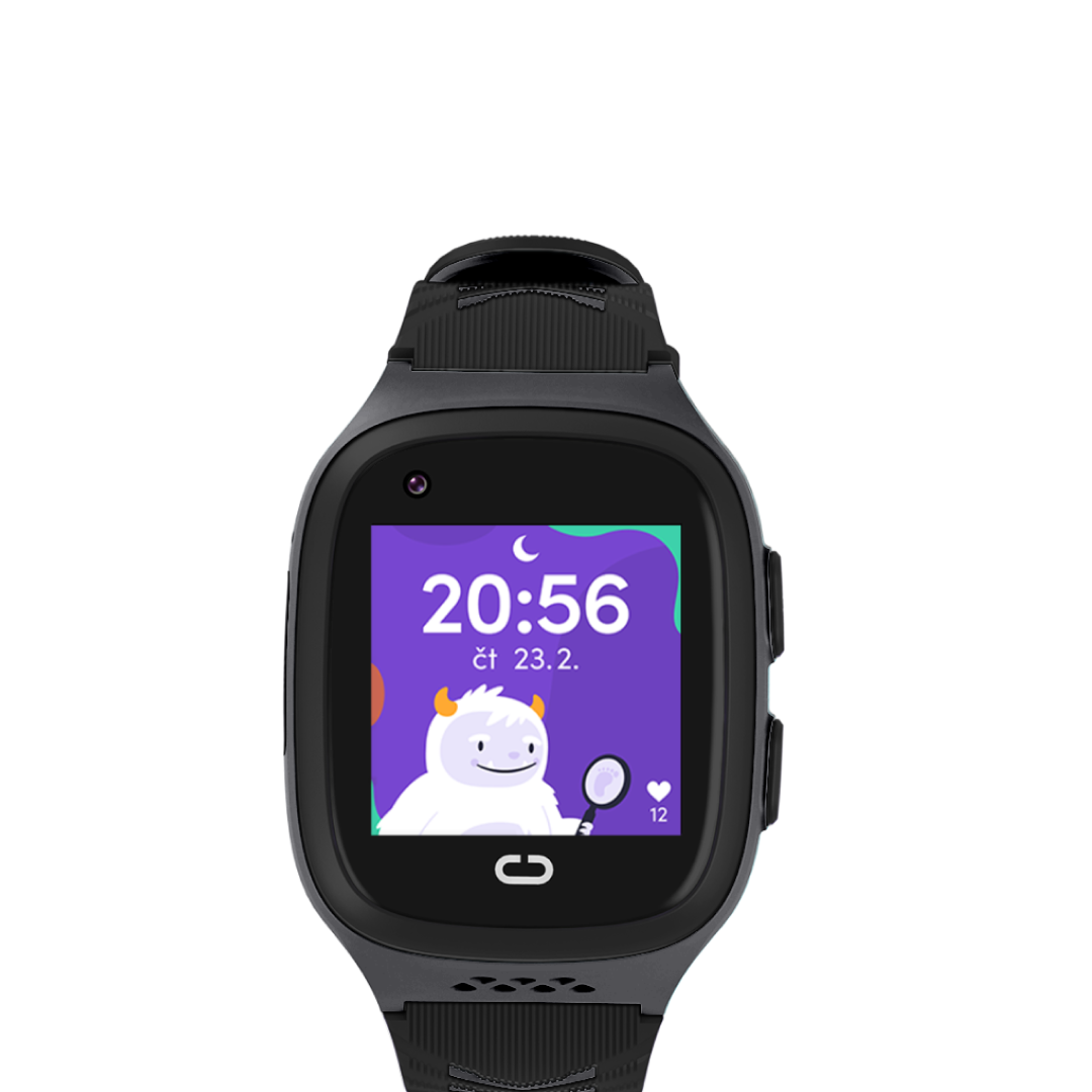 Dětské černé chytré hodinky KLOKI s barevným displejem a zobrazeným časem. Pohled zepředu.