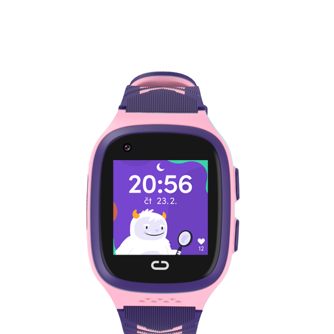 Dětské růžové chytré hodinky KLOKI s barevným displejem a zobrazeným časem. Pohled zepředu.