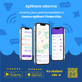 Grafika představující mobilní aplikaci Findee Kids v modro-žlutém designu. Jsou zde tři telefony ukazující různé obrazovky aplikace – přehled zpráv, mapu a nastavení upozornění. Obrázek upozorňuje na bezplatnou aplikaci, která je plně kompatibilní s dětskými hodinkami KLOKI. Jsou zde také loga Google Play a App Store s hodnocením uživatelů a QR kód ke stažení aplikace.