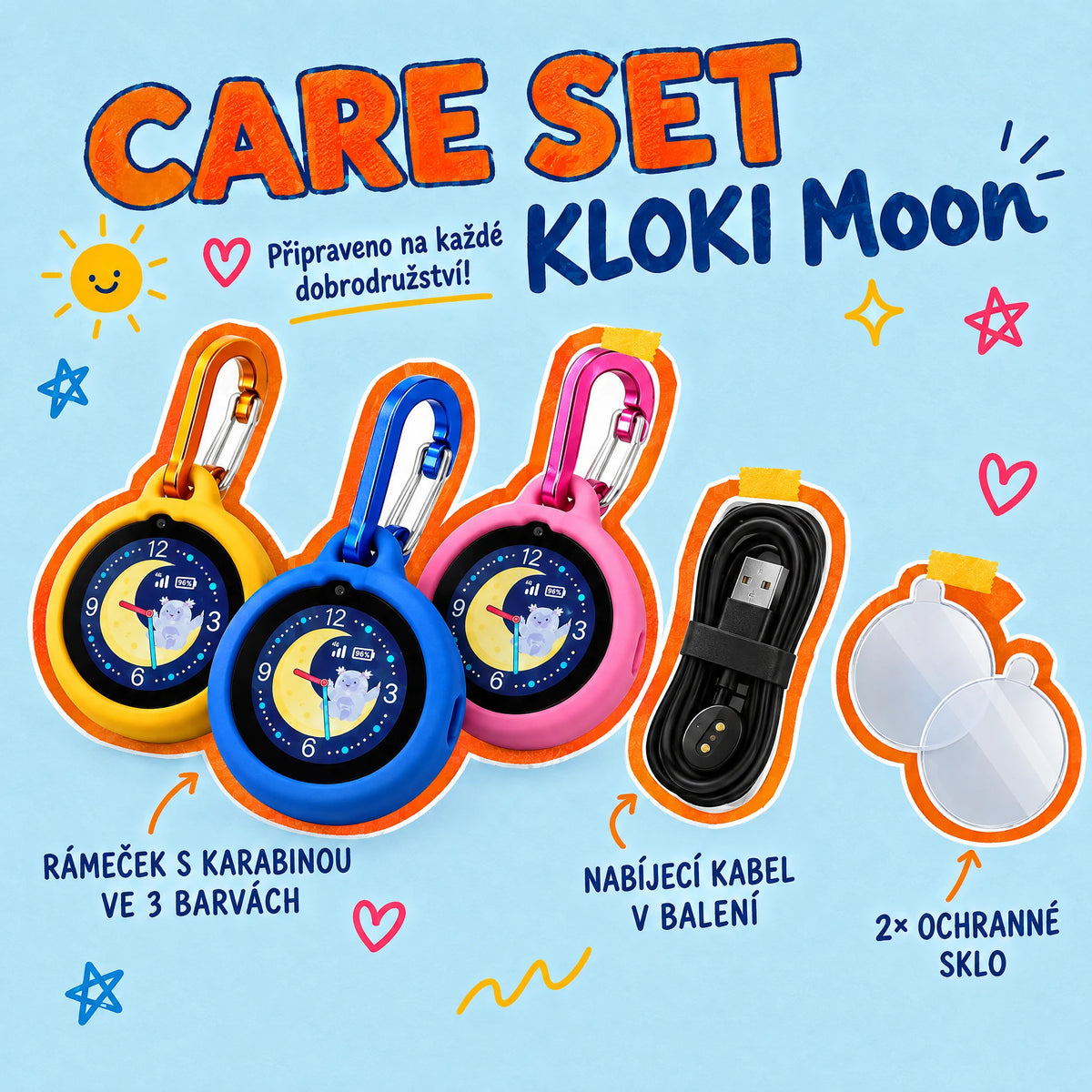 KLOKI Moon Care set: silikonový rámeček s karabinou ve třech barvách, nabíjecí kabel a 2× ochranné sklo
