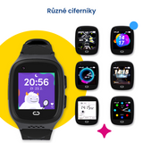 Obrázek ukazuje různé ciferníky dětských hodinek KLOKI, které si dítě může vybrat a přizpůsobit podle svého vkusu a nálady. Na výběr je několik moderních a hravých designů, od jednoduchých digitálních až po barevné a animované varianty.