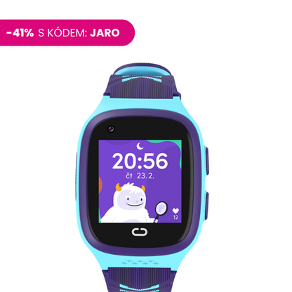 Modré dětské chytré hodinky KLOKI s animovaným ciferníkem a slevou 41 %. Zepředu.