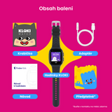 Obrázek ukazuje obsah balení dětských hodinek KLOKI. Součástí balení je krabička s logem KLOKI Watch, samotné hodinky KLOKI, nabíjecí adaptér s kabelem, návod k použití od Findee Kids a předplatné, které umožňuje být v kontaktu první měsíc zdarma. Grafika je barevná, hravá a zaměřená na děti.